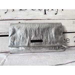 BCBG Generation Silver Metallic Crinkle Flip Clutch Evening Bag Magnetic Zip